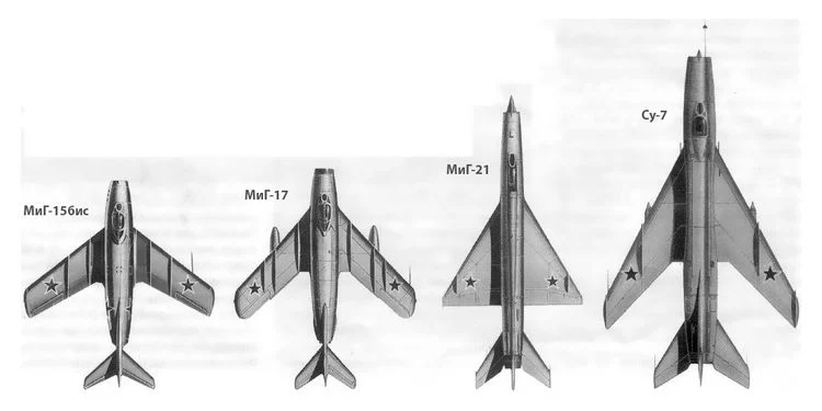 Сравнение размеров проекта С-1 Стрелка_ (Су-7) с различными самолётами КБ Микояна