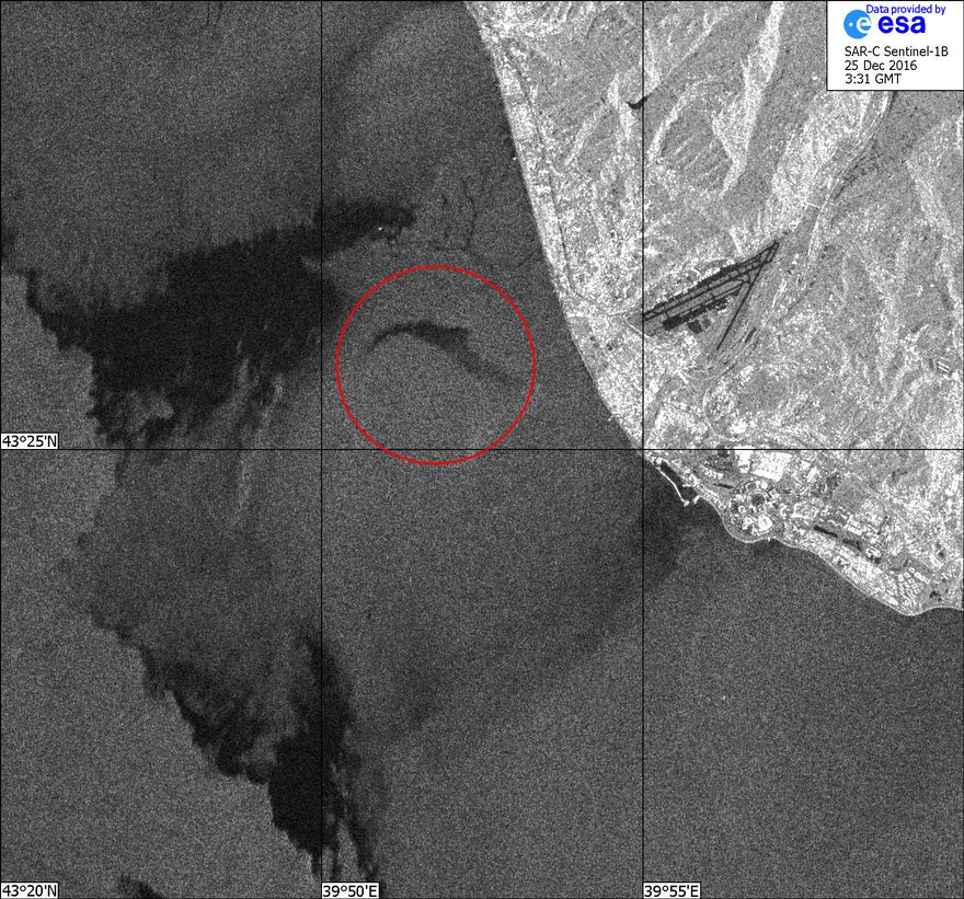 Радиолокационное изображение района катастрофы самолёта Ту-154. Изображение получено с помощью космического аппарата Sentinel-1B.