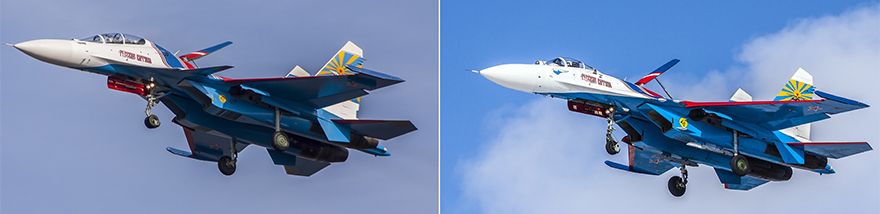 Ранее Витязи летали на самолётах Су-27П и Су-27УБ. Найдите десять различий! (а они есть, правда внешне видны не все…)
