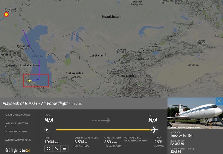 Маршрут самолета-лидировщика Ту-154Б-2 (регистрационный номер RA-85586) группы новых истребителей Су-35С при перелете с Мариновки в Сирию по данным flightradar24 (c) galandec / forums.airforce.ru